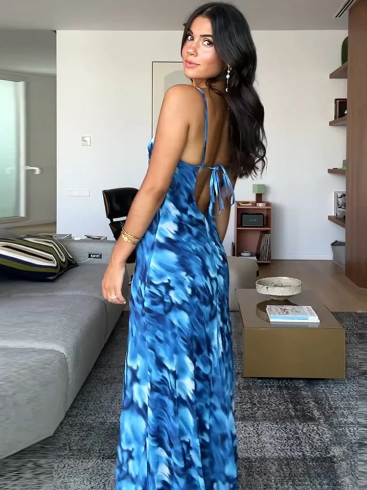 Blue Print Halter Lace-up Vacation Dress - Image 3