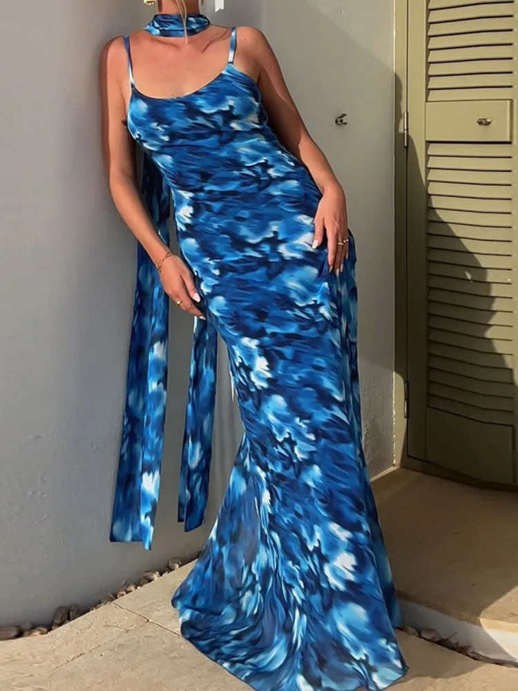 Blue Print Halter Lace-up Vacation Dress - Image 5