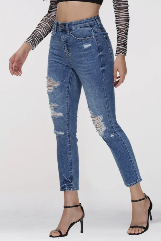 Blue Ripped High-Waisted Skinny Ankle Jeans - Image 2