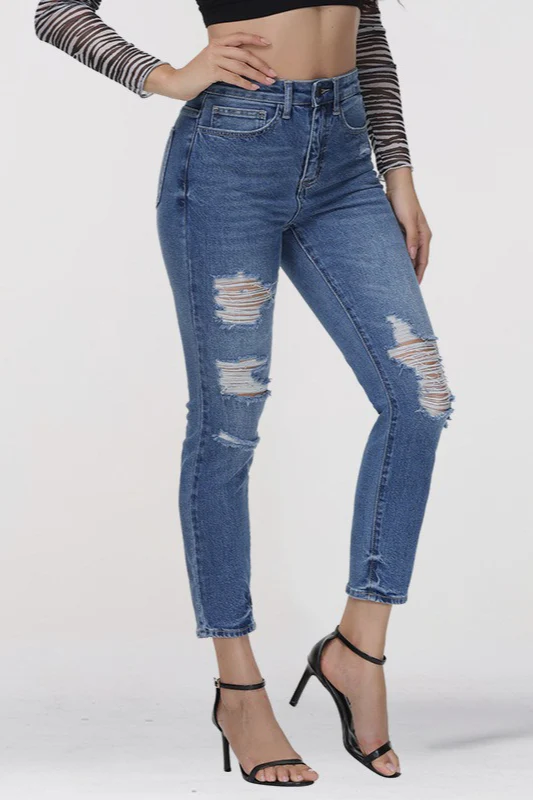 Blue Ripped High-Waisted Skinny Ankle Jeans - Image 3