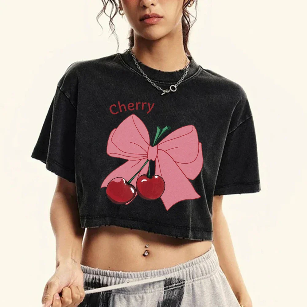 Bow Cherry Cartoon Cotton Slim T-shirt - Image 3