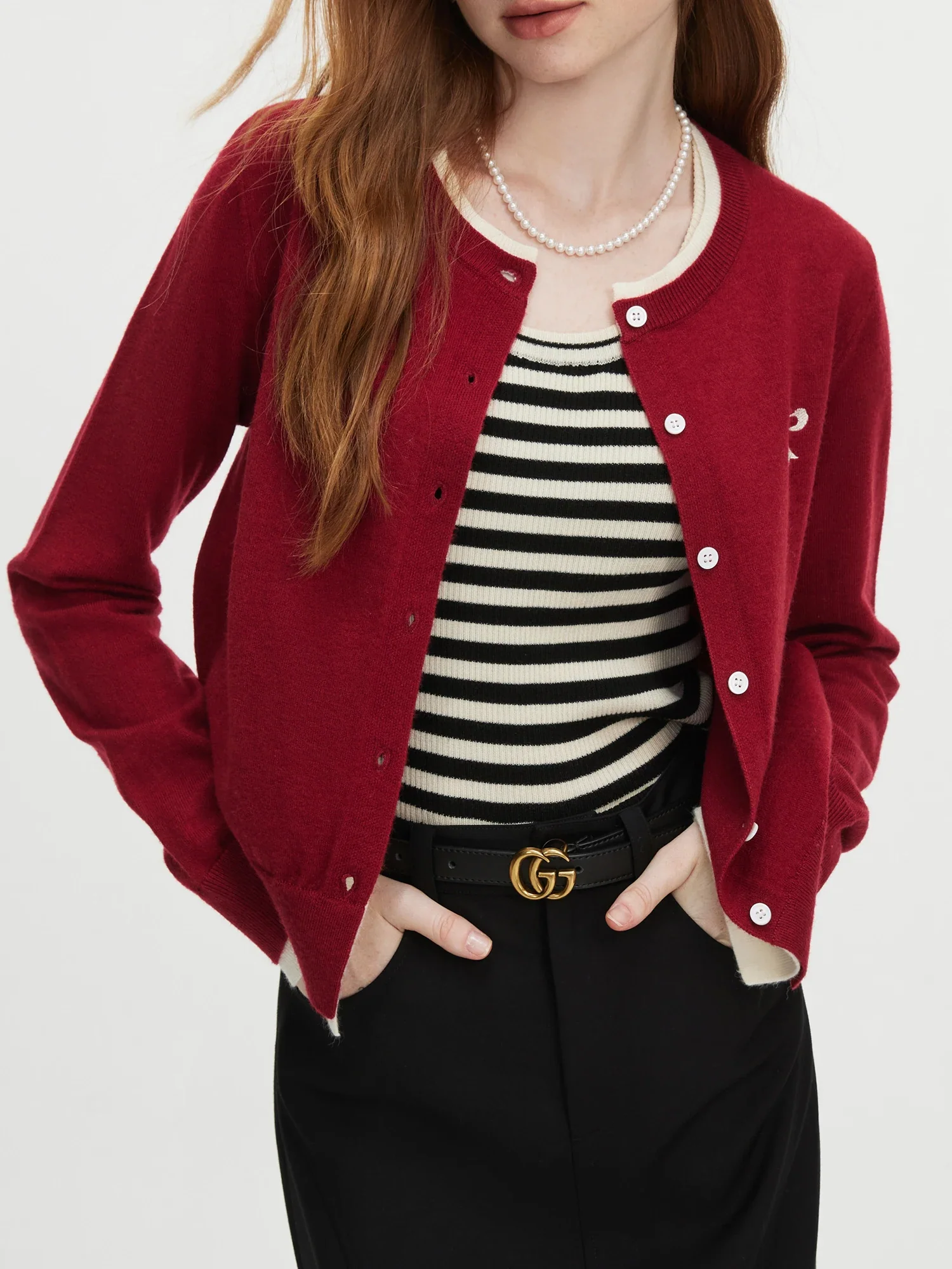 Bow Contrast Stitching Knit Cardigan
