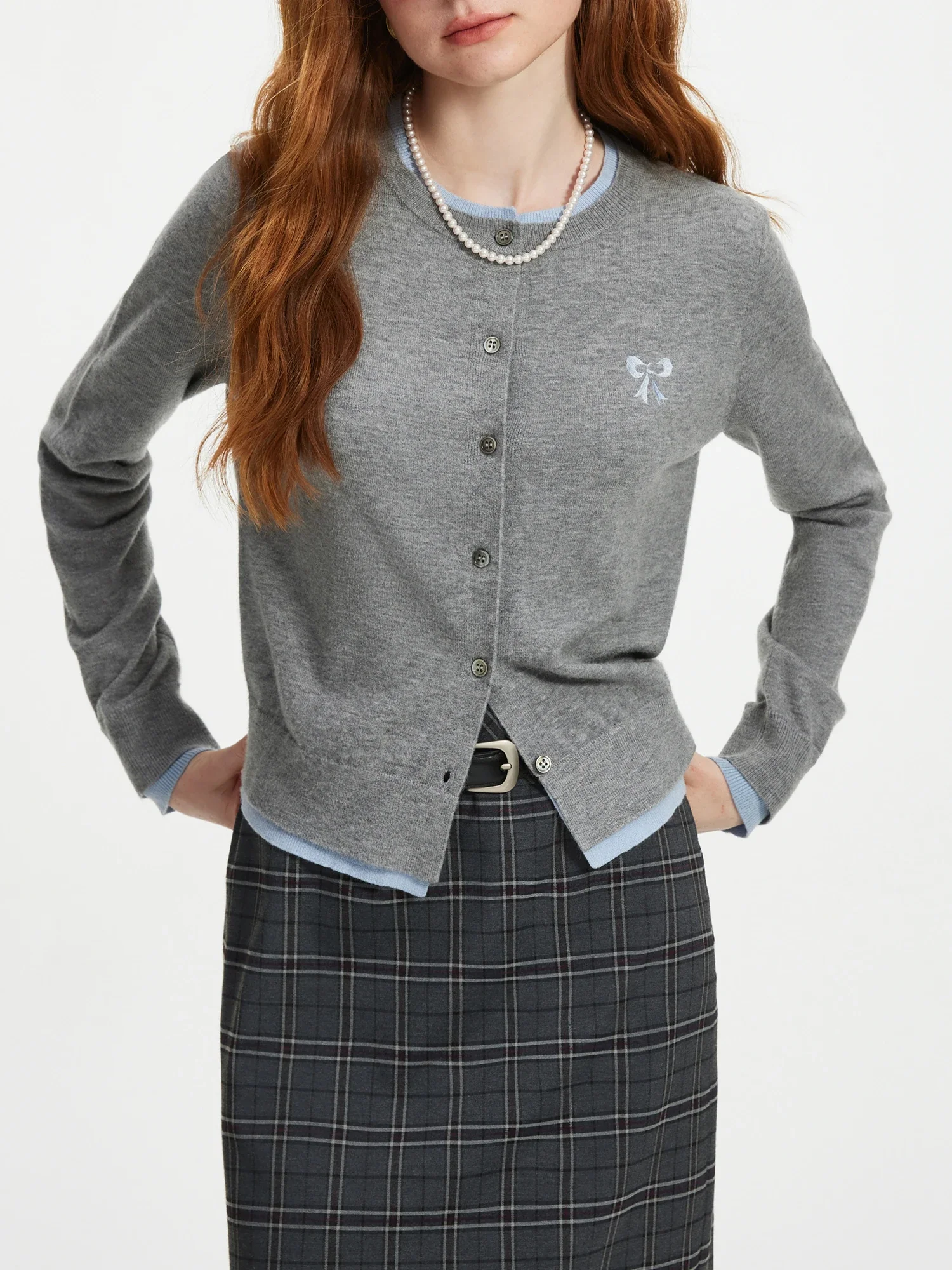 Bow Contrast Stitching Knit Cardigan - Image 2