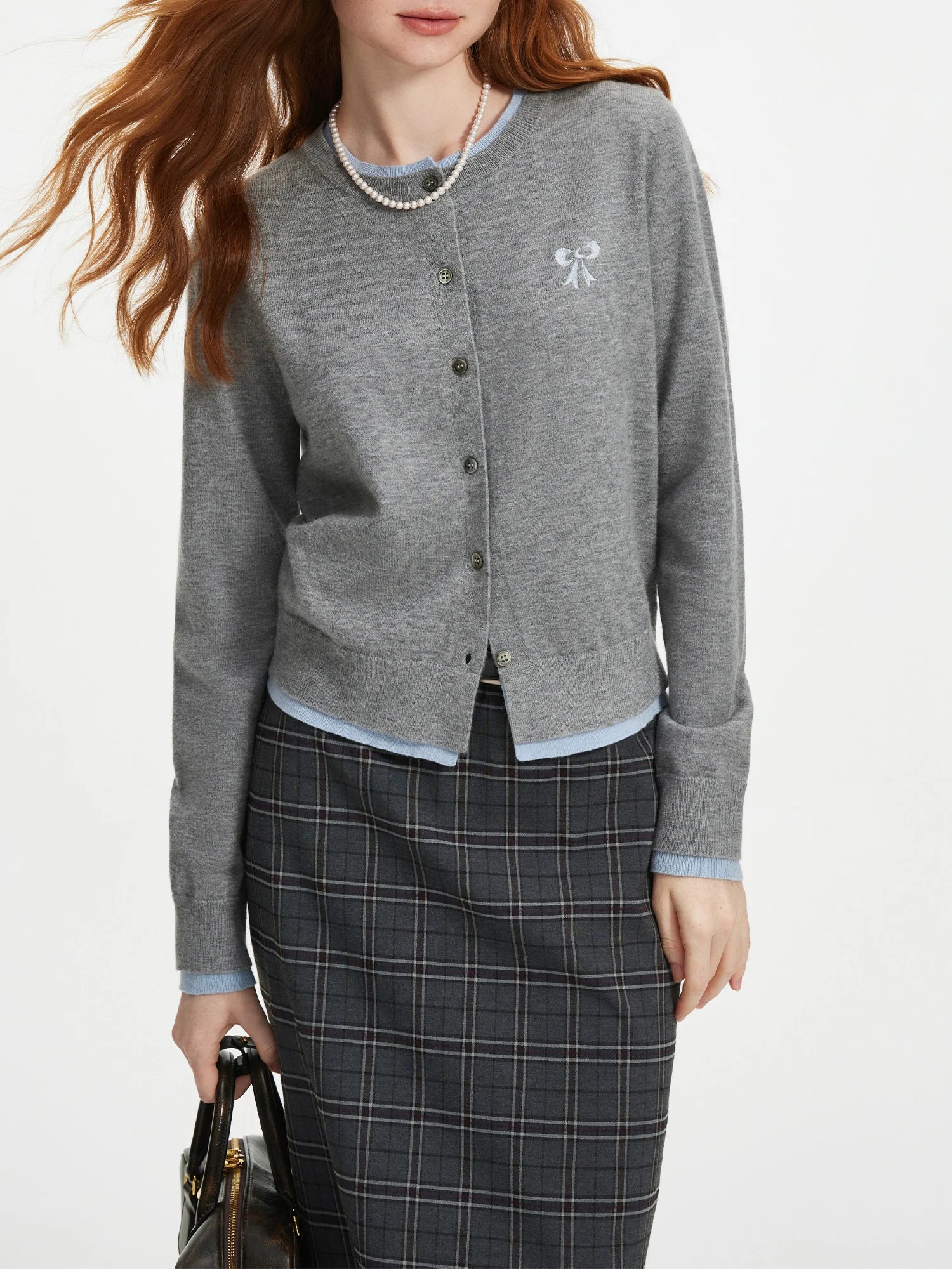 Bow Contrast Stitching Knit Cardigan - Image 4