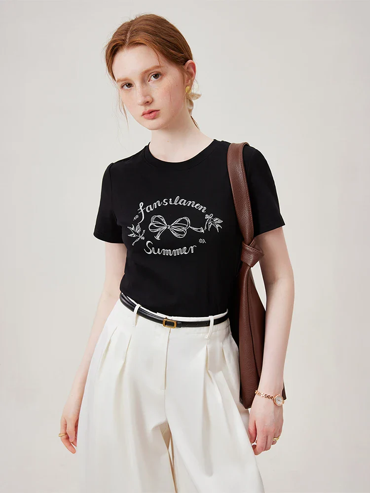 Bow Letter Print Slim Black T-shirt - Image 2