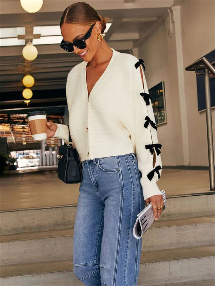 Bow Ribbed Hollow Knit Coat - Image 2