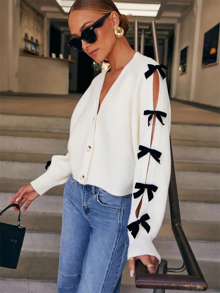 Bow Ribbed Hollow Knit Coat - Image 4