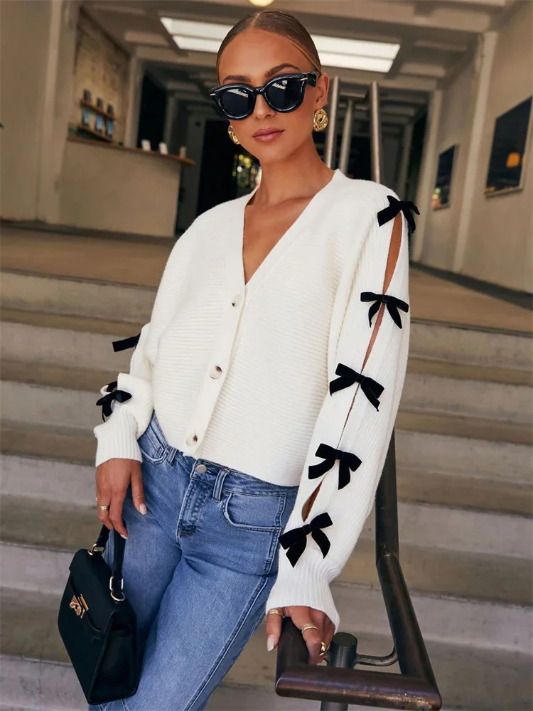Bow Ribbed Hollow Knit Coat - Image 5