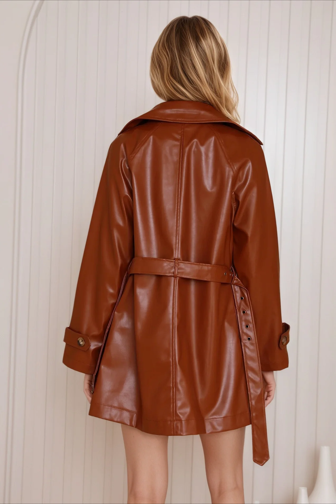 Brown Chic Mid-Length Fitted Leather Coat - Image 2