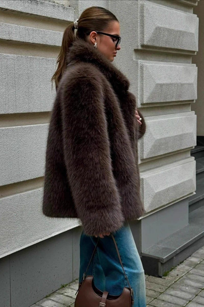 Brown Faux Fox Fur Wide Collar Mid-Length Fluffy Coat - Image 2