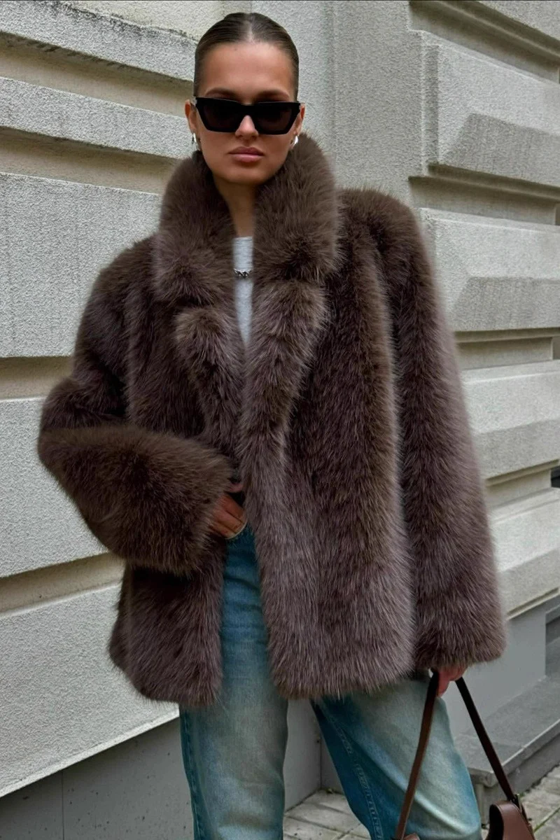Brown Faux Fox Fur Wide Collar Mid-Length Fluffy Coat - Image 3