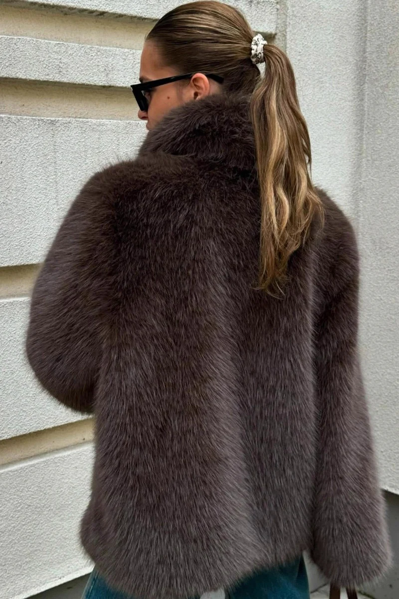 Brown Faux Fox Fur Wide Collar Mid-Length Fluffy Coat - Image 4