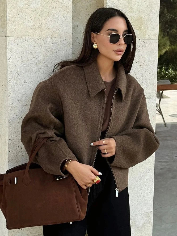 Brown Woolen Zipper Short Coat - Image 2
