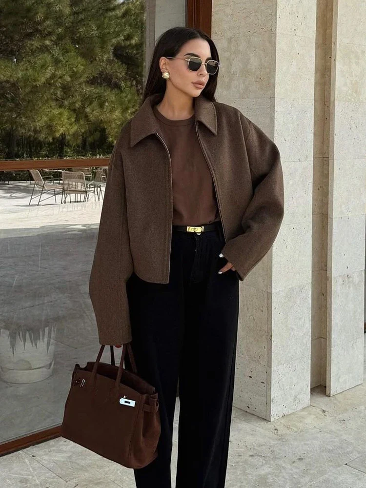 Brown Woolen Zipper Short Coat - Image 3