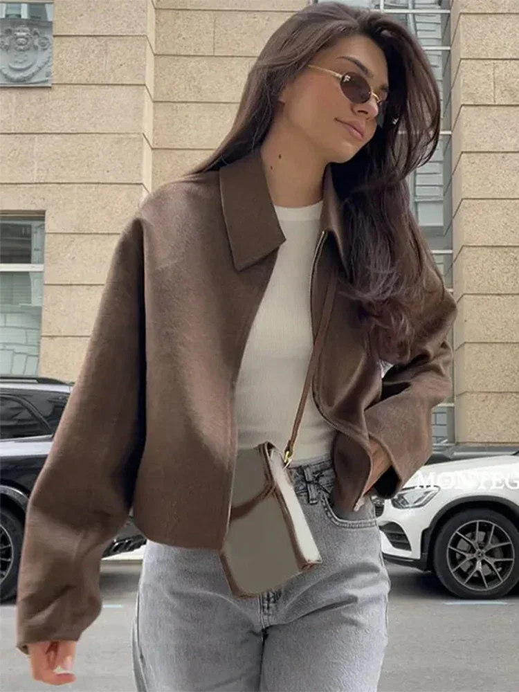 Brown Woolen Zipper Short Coat - Image 4