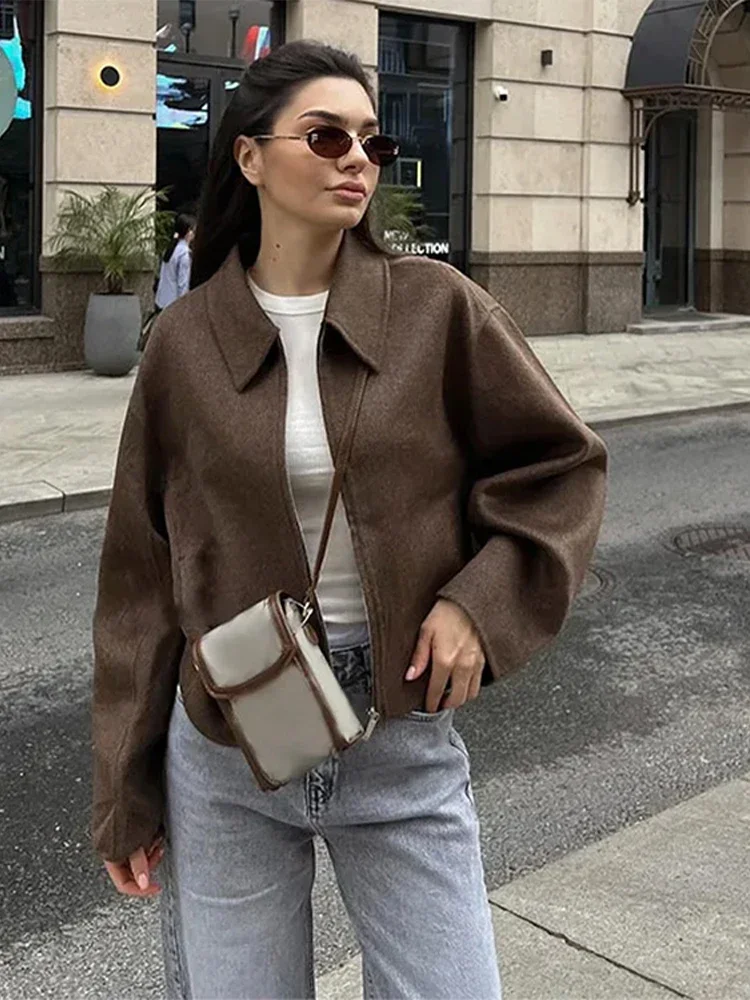 Brown Woolen Zipper Short Coat - Image 5