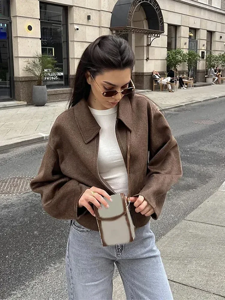 Brown Woolen Zipper Short Coat - Image 6