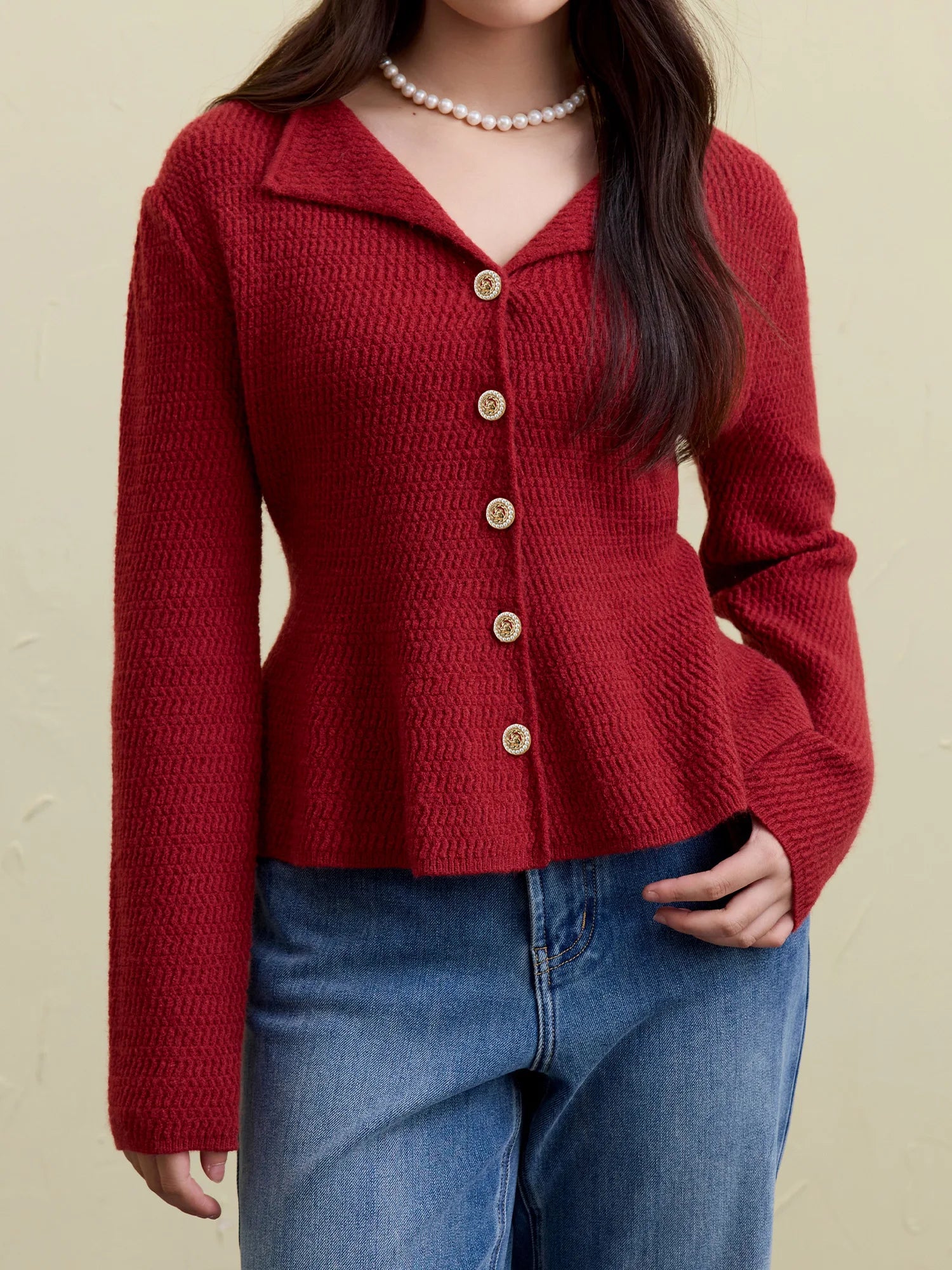 Bubble Sleeve V-neck Red Knit Cardigan - Image 2