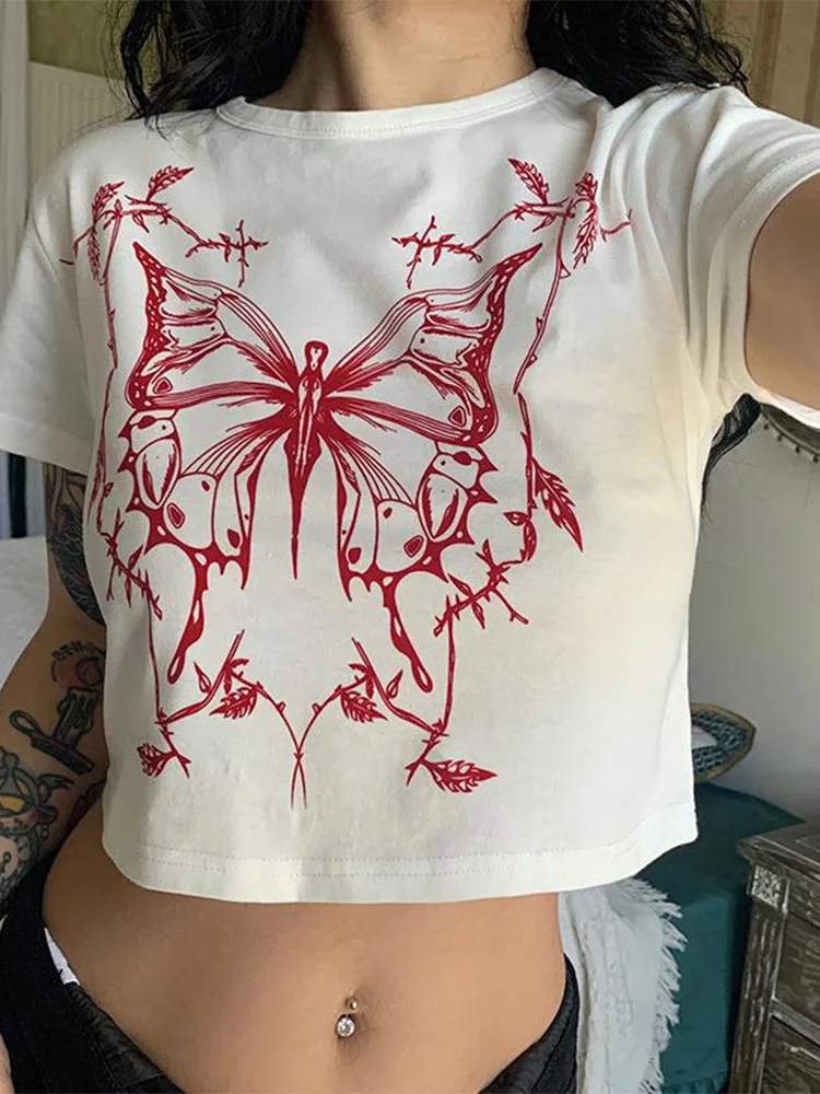 Butterfly Print Fitted Crop Grunge T-shirt - Image 2