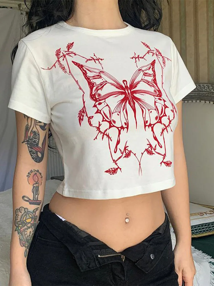 Butterfly Print Fitted Crop Grunge T-shirt - Image 3