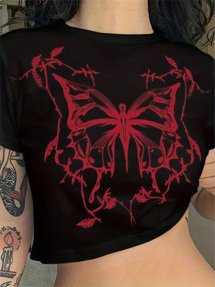 Butterfly Print Fitted Crop Grunge T-shirt - Image 4
