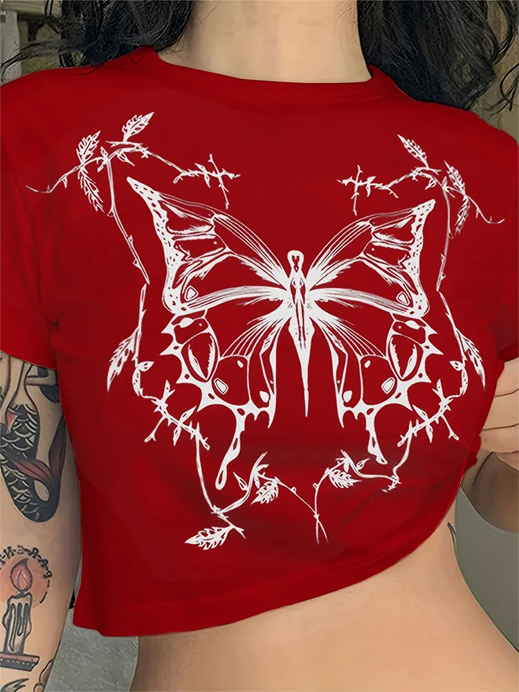 Butterfly Print Fitted Crop Grunge T-shirt - Image 5
