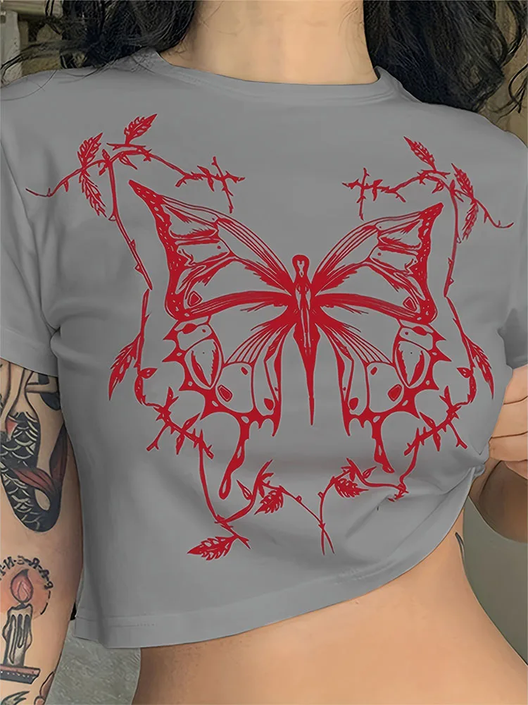 Butterfly Print Fitted Crop Grunge T-shirt - Image 6
