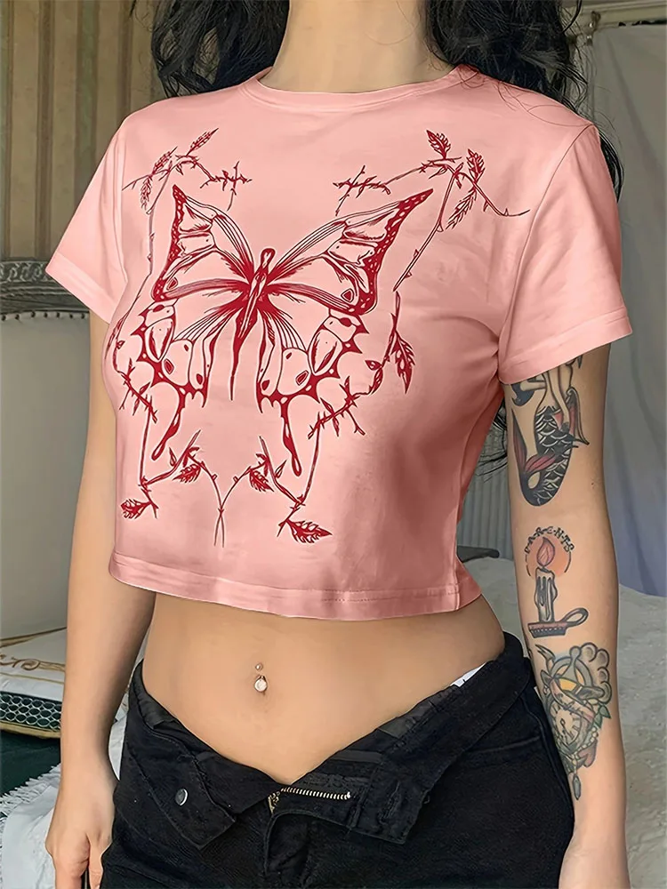 Butterfly Print Fitted Crop Grunge T-shirt - Image 7