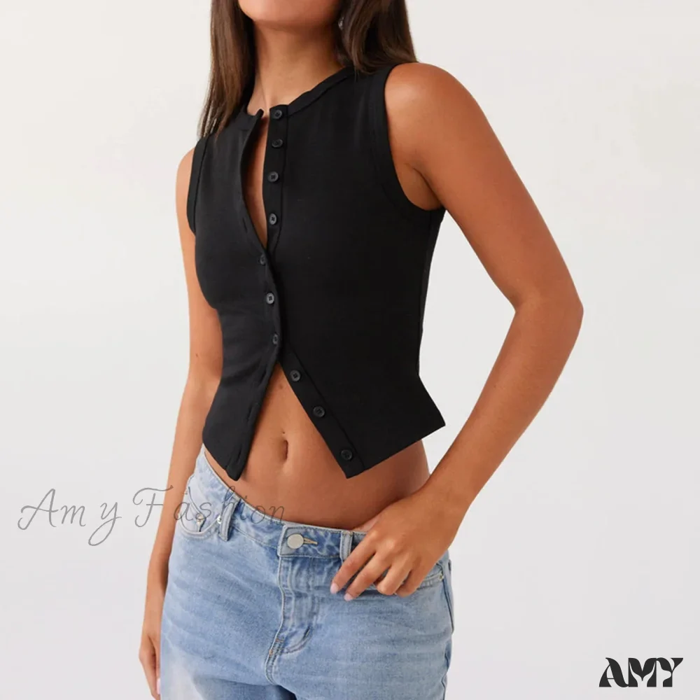 Button Down Casual Slim Fit Sleeveless Ribbed Knit Crop Top - Image 2