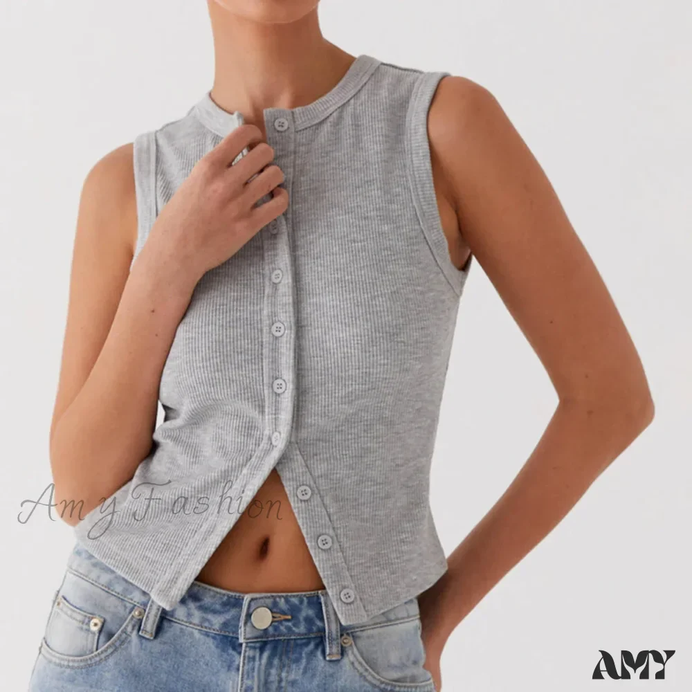 Button Down Casual Slim Fit Sleeveless Ribbed Knit Crop Top - Image 4