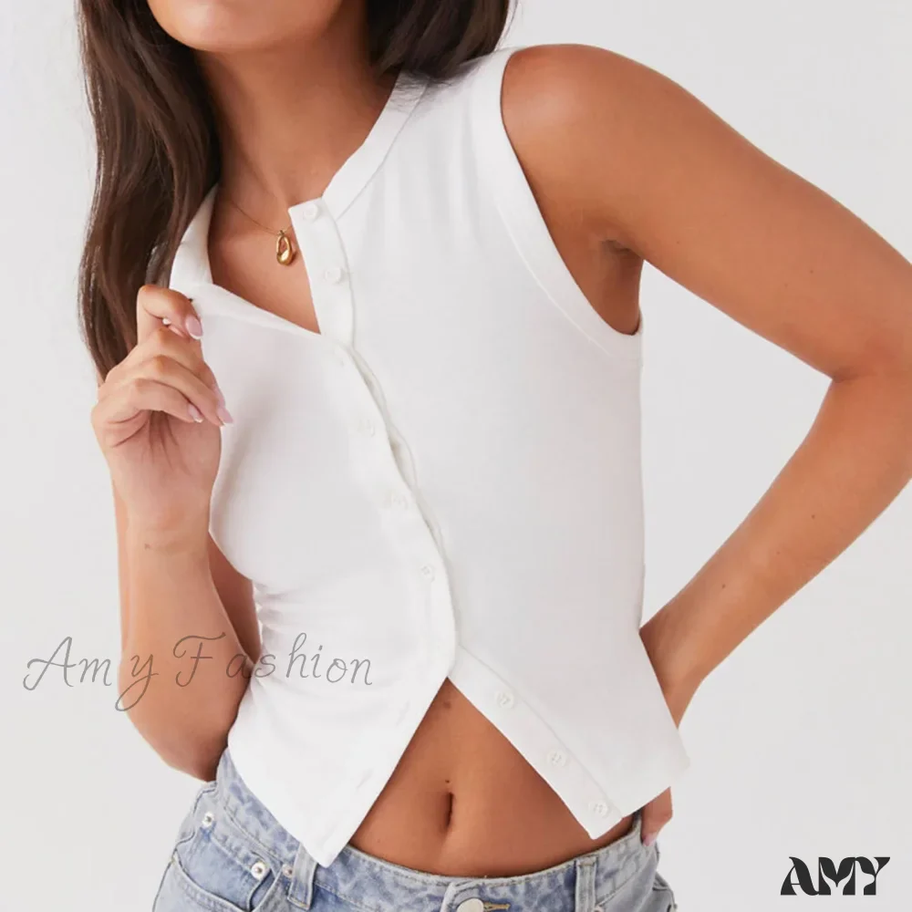 Button Down Casual Slim Fit Sleeveless Ribbed Knit Crop Top - Image 5