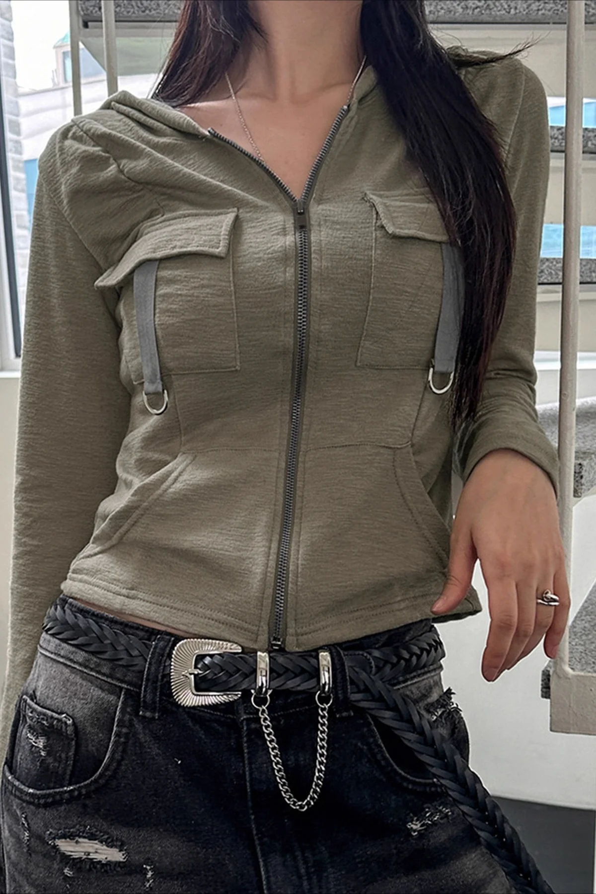 Cargo Pocket Panel Zip-Up Cropped Hoodie - Image 2