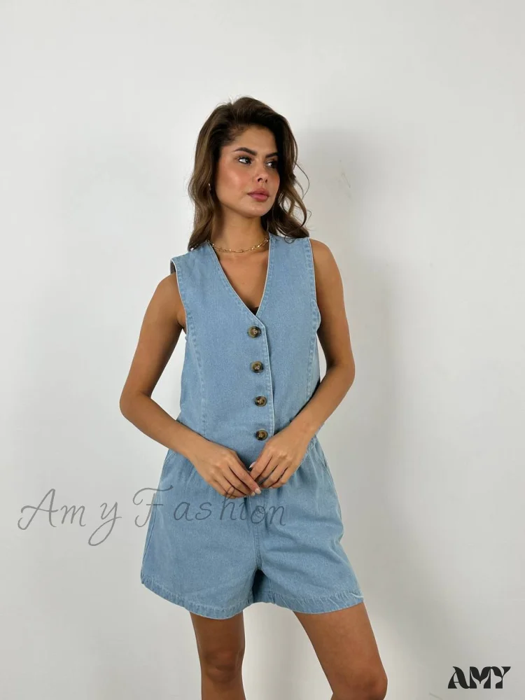 Casual Denim Button Vest Elastic Waist Shorts Suit - Image 5