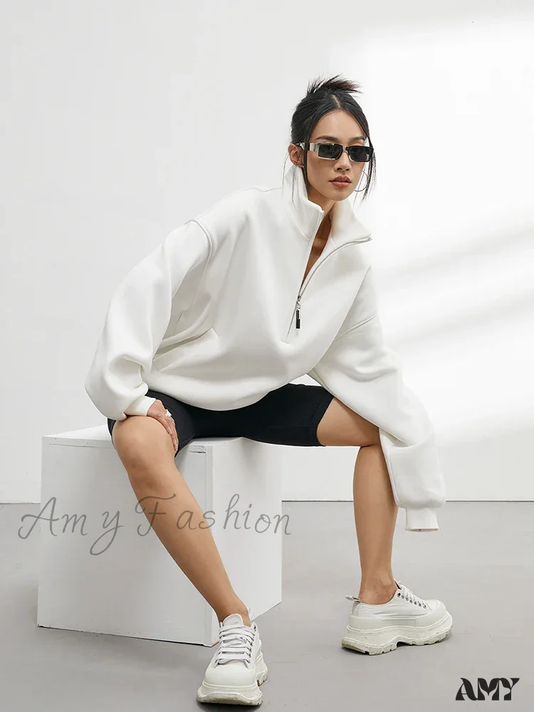 Casual Half Zip Oversized Solid Color Stand Collar Long Sleeve Hoodie - Image 3