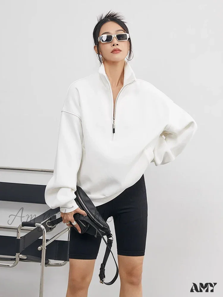 Casual Half Zip Oversized Solid Color Stand Collar Long Sleeve Hoodie - Image 4