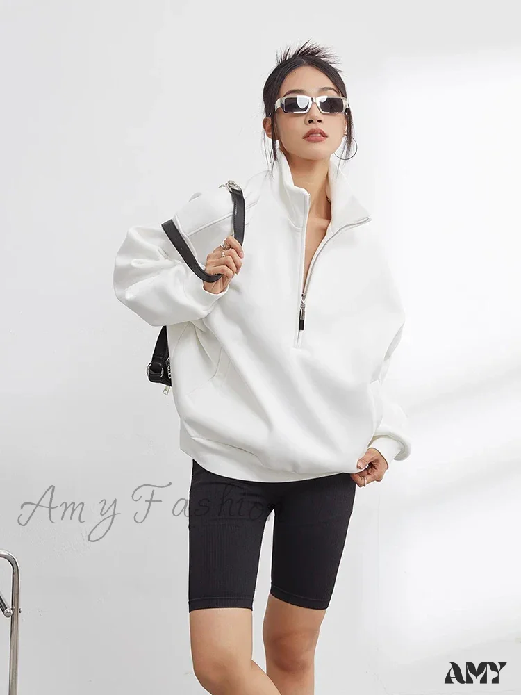 Casual Half Zip Oversized Solid Color Stand Collar Long Sleeve Hoodie - Image 5