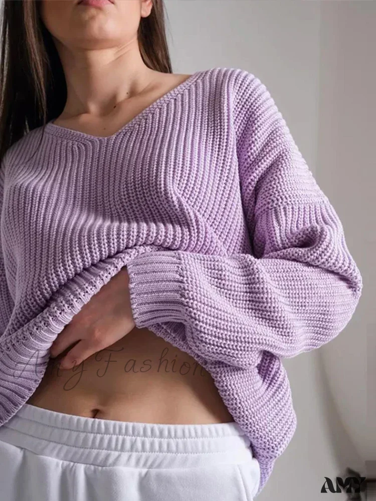 Casual Knitted Women Solid V-neck Long Sleeve Pullover 2024 Autumn Winter Soft Match All Sweater - Image 3