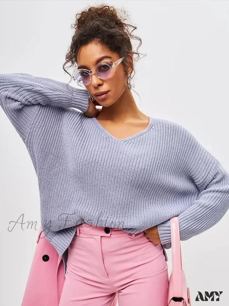 Casual Knitted Women Solid V-neck Long Sleeve Pullover 2024 Autumn Winter Soft Match All Sweater - Image 4