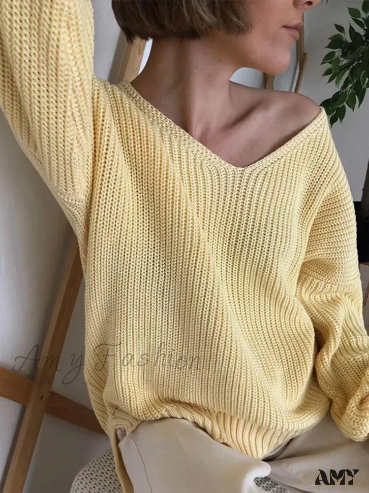 Casual Knitted Women Solid V-neck Long Sleeve Pullover 2024 Autumn Winter Soft Match All Sweater - Image 8
