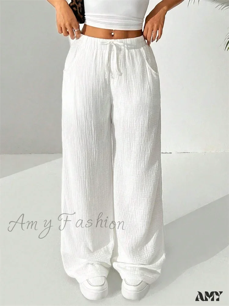 Casual Wrinkle Solid Color Long Autumn Winter Straight Drawstring Loose Trouser - Image 3