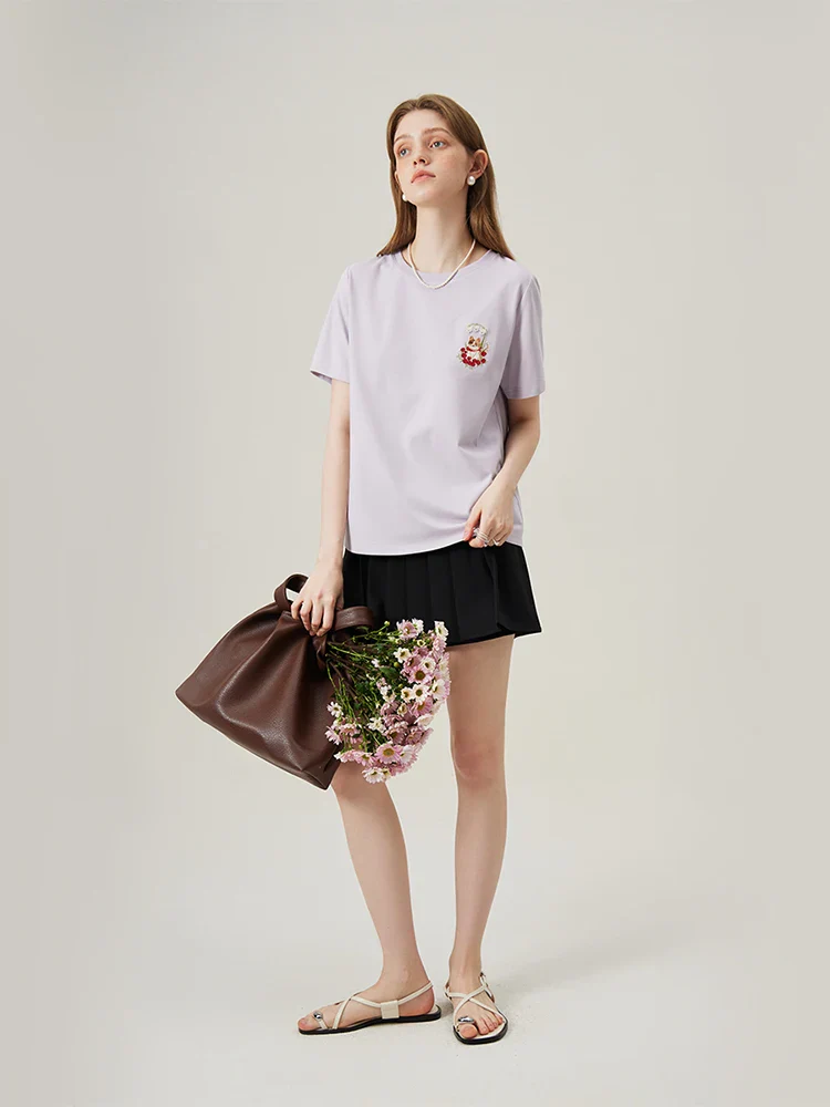 Cat Embroidered Beige Loose T-shirt