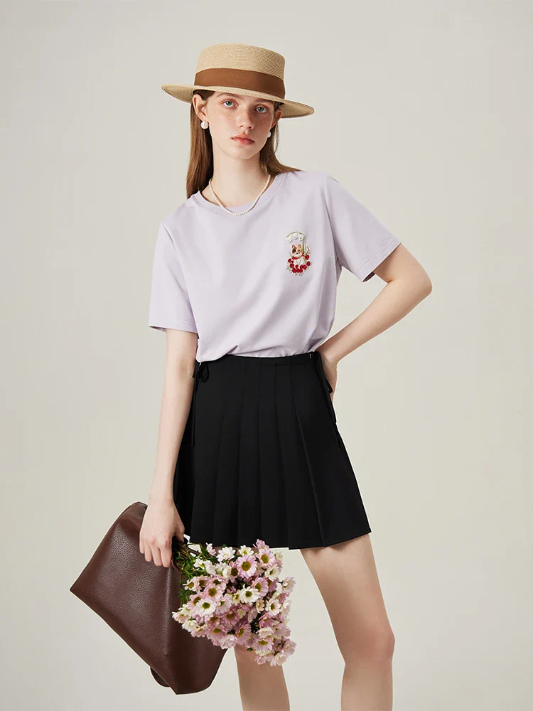 Cat Embroidered Beige Loose T-shirt - Image 2