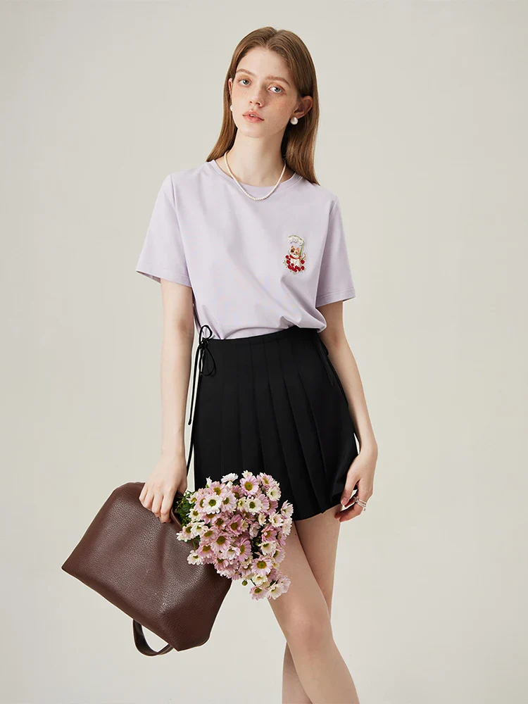 Cat Embroidered Beige Loose T-shirt - Image 3