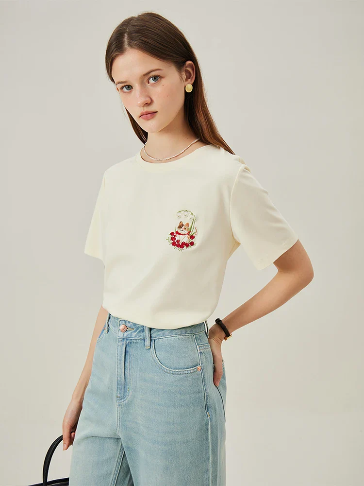 Cat Embroidered Beige Loose T-shirt - Image 4