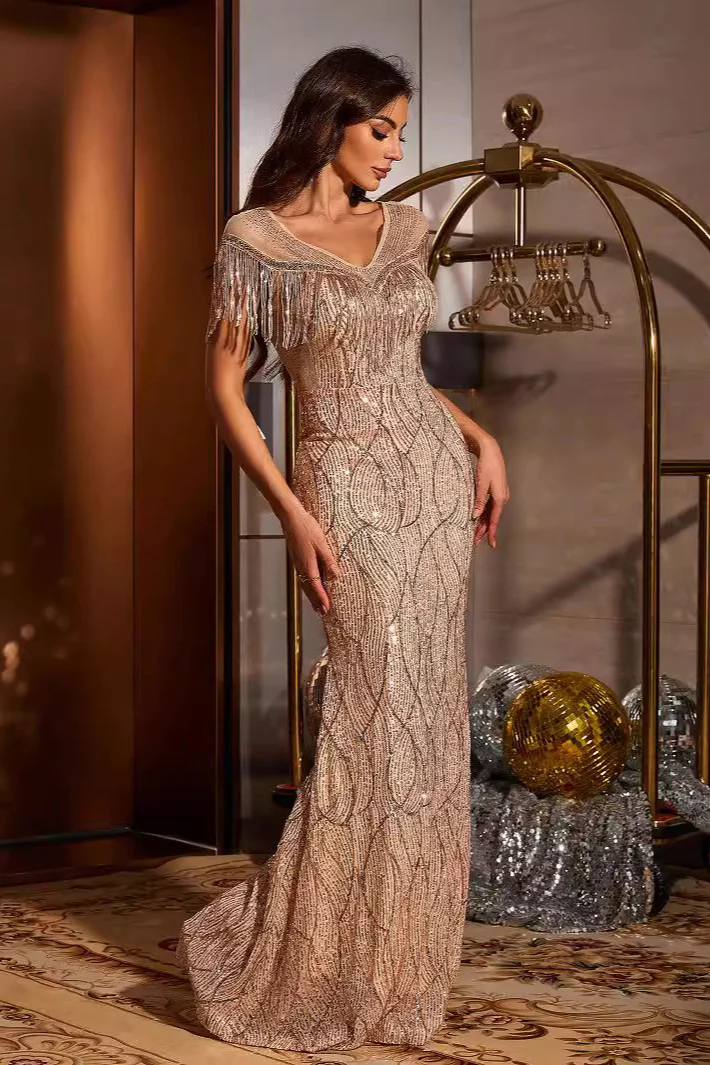 Champagne Tassel Sequin Elegant Party Dress - Image 2