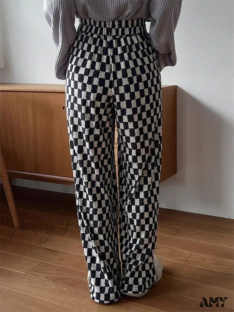 Checkerboard Print Autumn Winter Y2K Side Split Straight Elastic High Trouser - Image 2