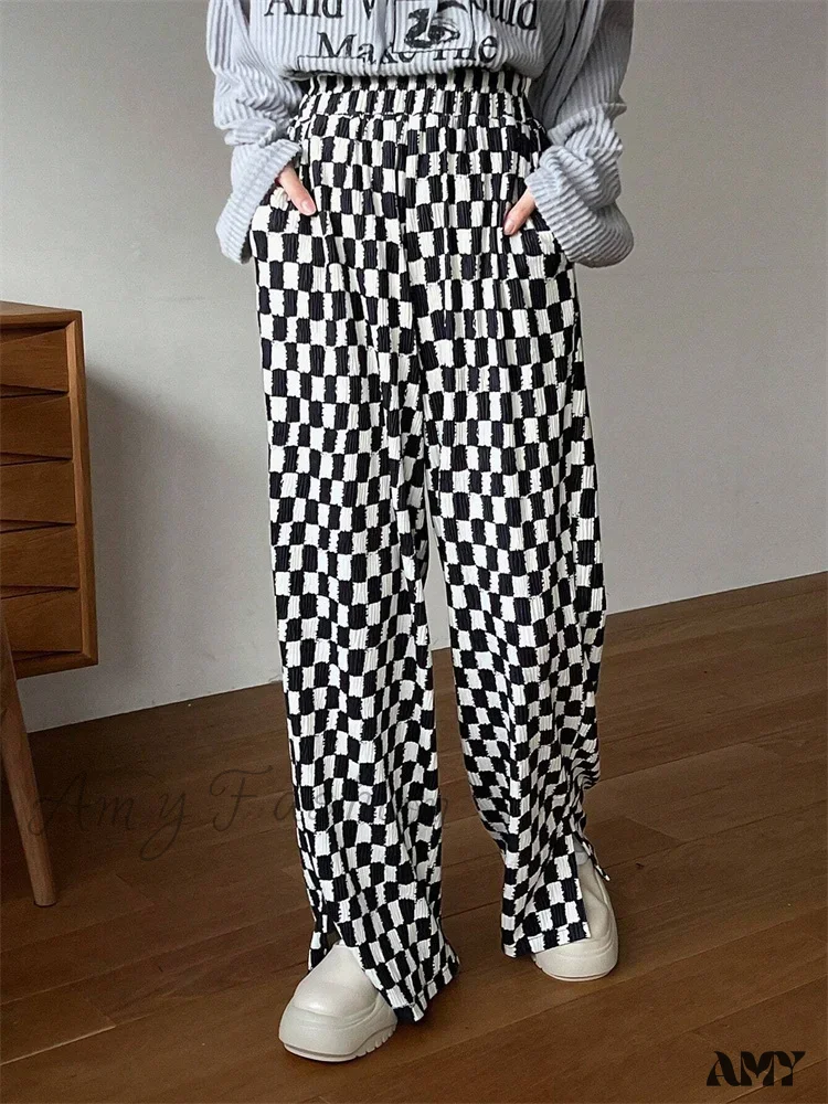 Checkerboard Print Autumn Winter Y2K Side Split Straight Elastic High Trouser - Image 3