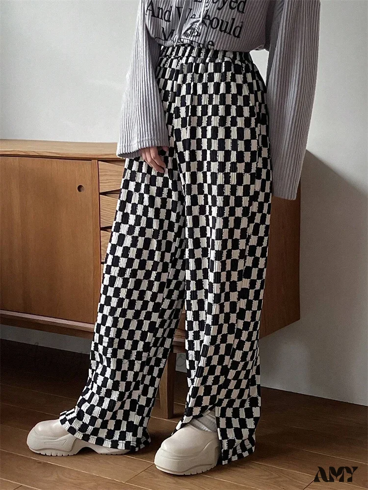 Checkerboard Print Autumn Winter Y2K Side Split Straight Elastic High Trouser - Image 4