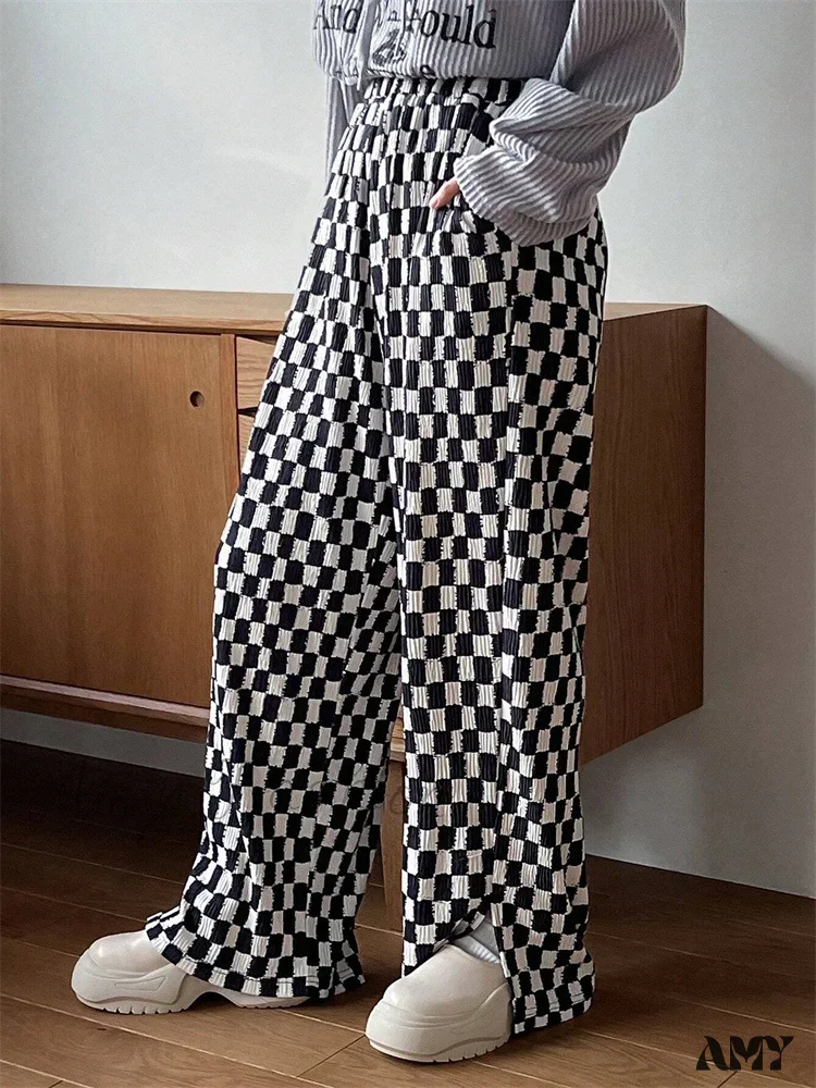 Checkerboard Print Autumn Winter Y2K Side Split Straight Elastic High Trouser - Image 5