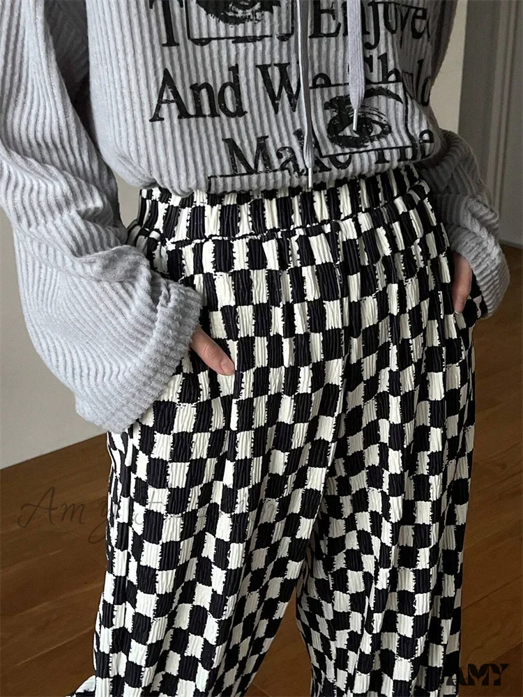 Checkerboard Print Autumn Winter Y2K Side Split Straight Elastic High Trouser - Image 6